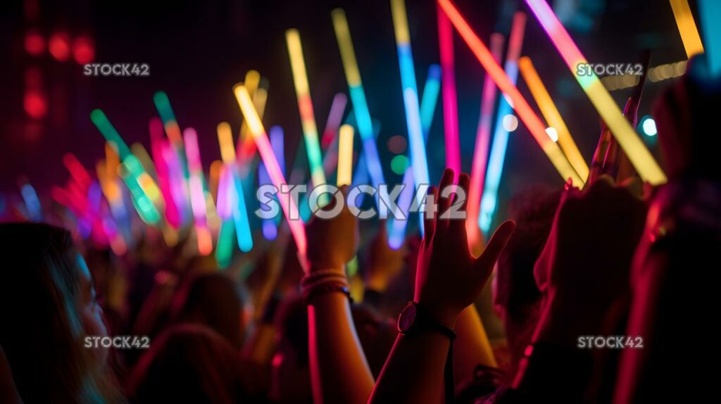 A crowd of people waving glow sticks at an electronic dan