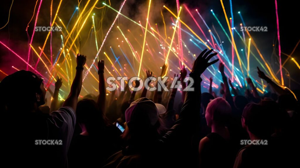 A crowd of people waving glow sticks at an electronic dan three