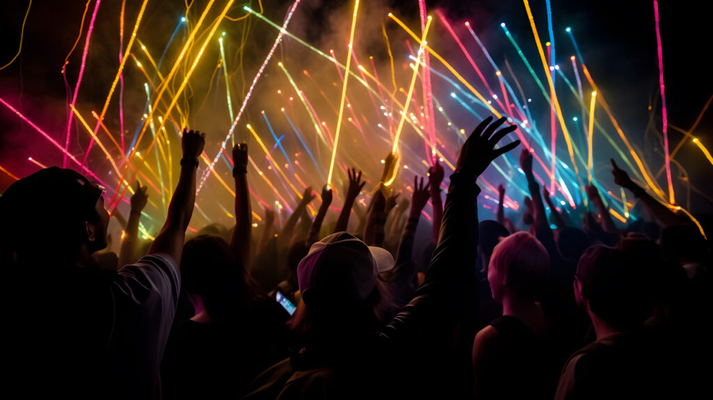 A crowd of people waving glow sticks at an electronic dan three