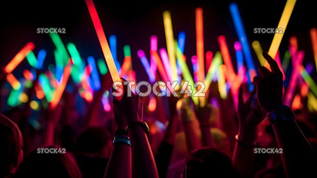 A crowd of people waving glow sticks at an electronic dan two