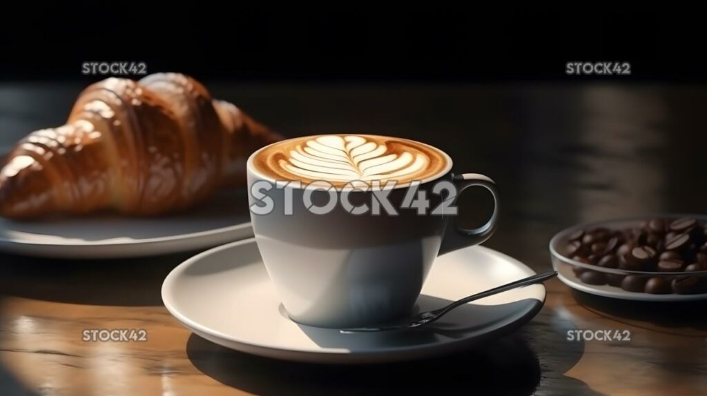 Una taza de café con latte art y un croissant en un plato uno