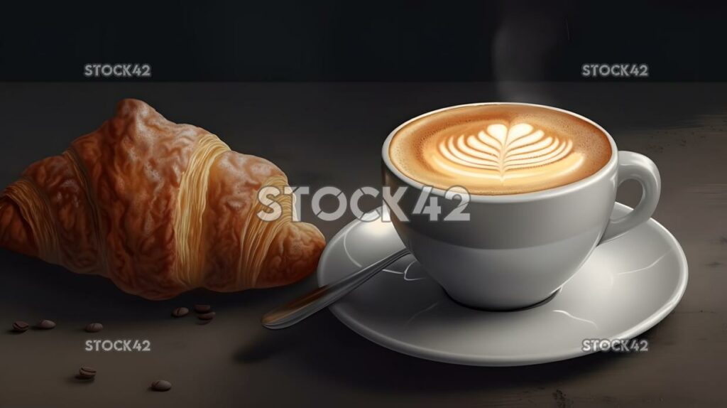 A cup of coffee with latte art and a croissant on a plate three