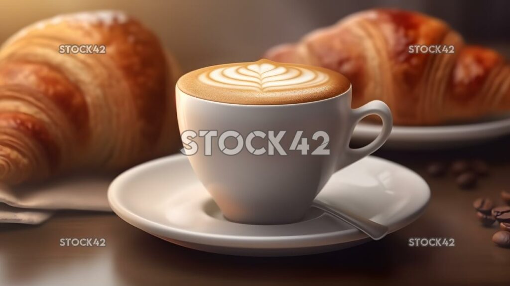 A cup of coffee with latte art and a croissant on a plate two