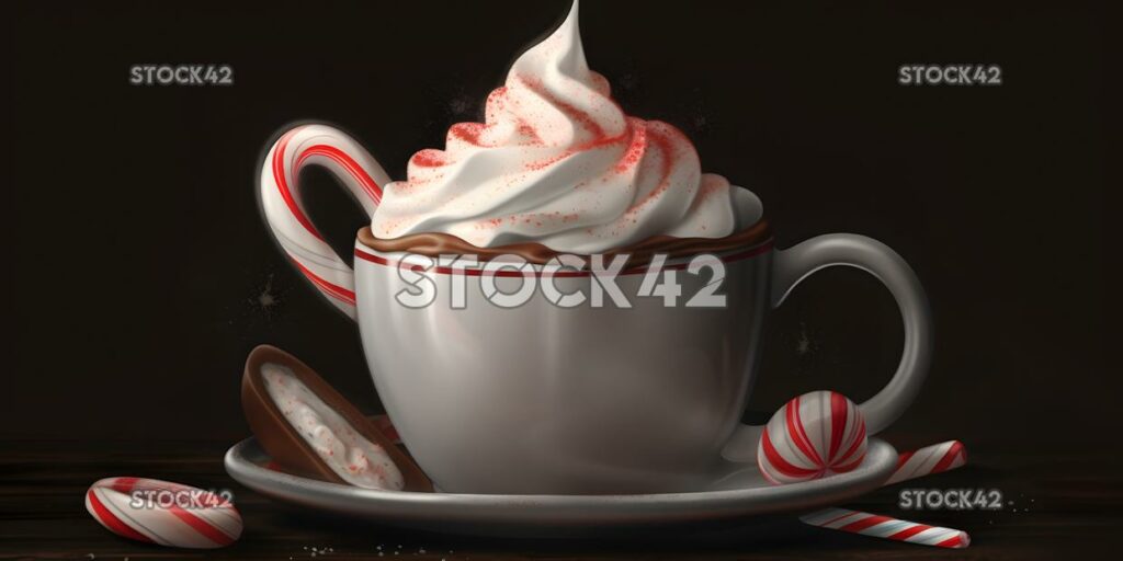 A cup of hot cocoa with whipped cream and a candy cane Hy