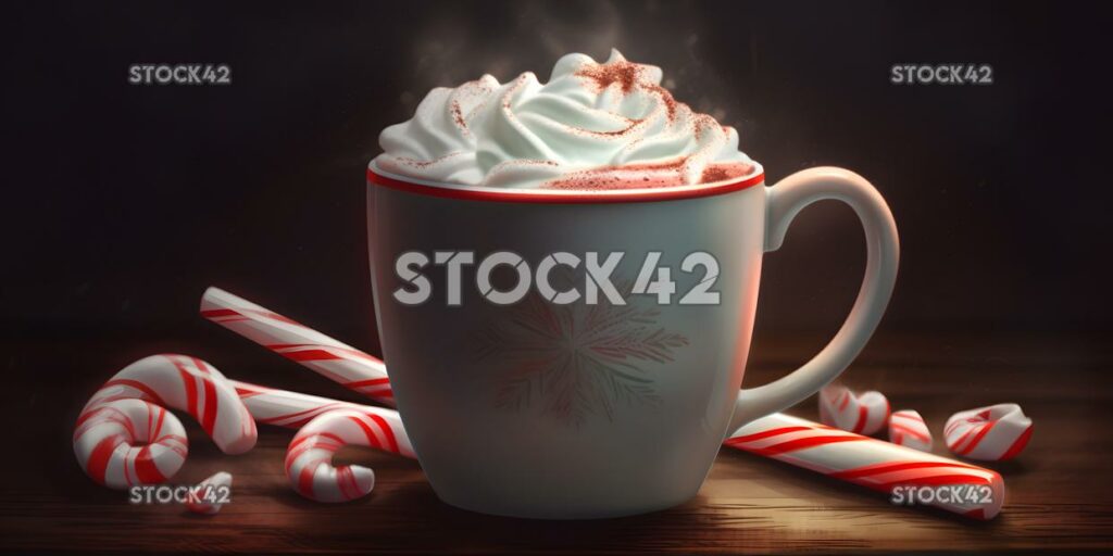 A cup of hot cocoa with whipped cream and a candy cane Hy one