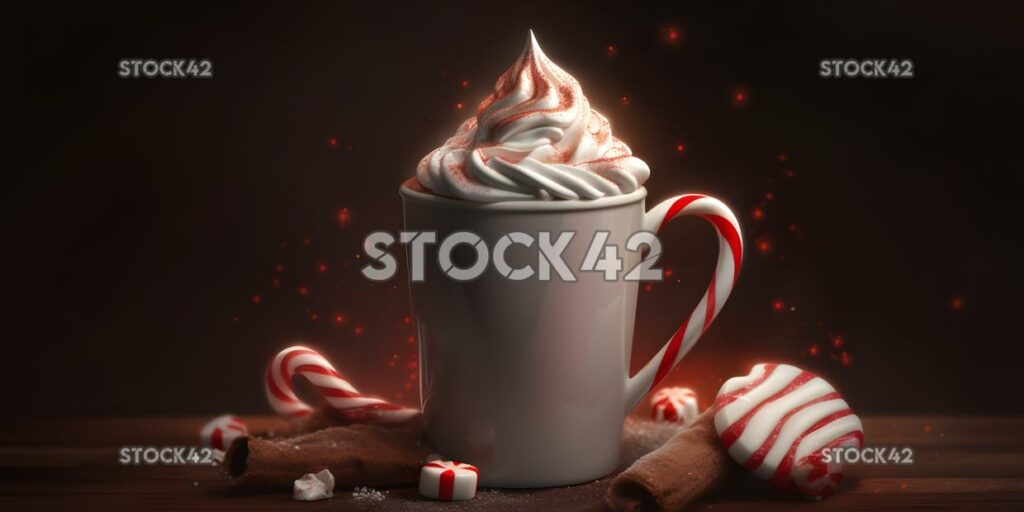 A cup of hot cocoa with whipped cream and a candy cane Hy three