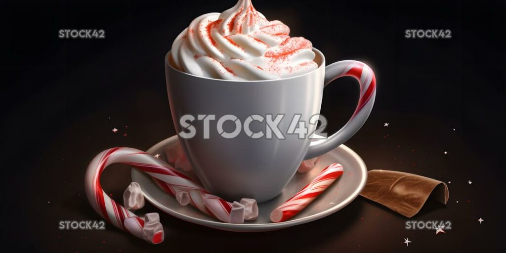 A cup of hot cocoa with whipped cream and a candy cane Hy two