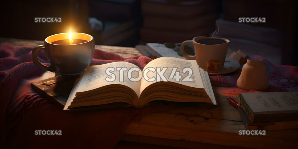 A cup of hot herbal tea with a book and cozy blanket in t