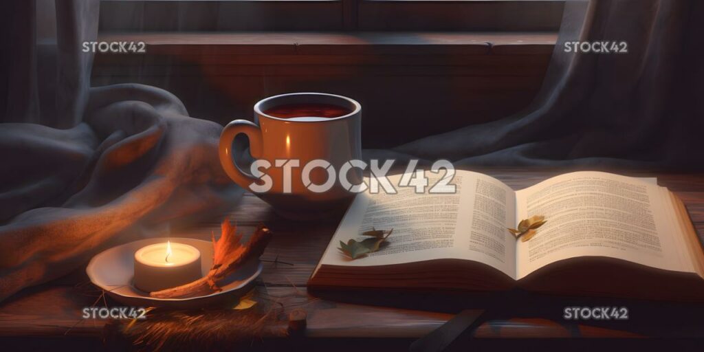 A cup of hot herbal tea with a book and cozy blanket in t one