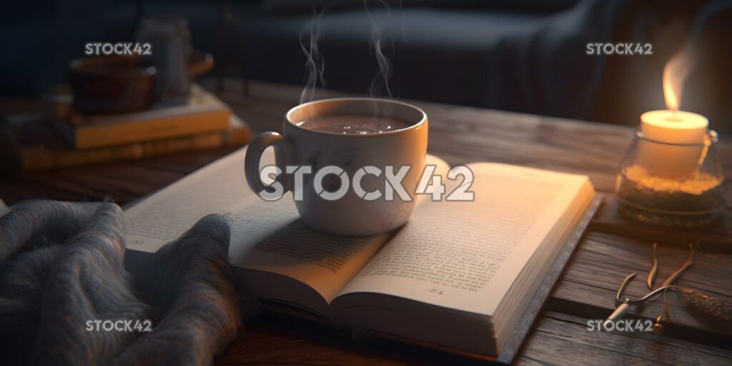 A cup of hot herbal tea with a book and cozy blanket in t three