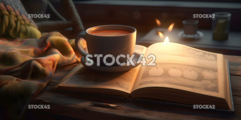 A cup of hot herbal tea with a book and cozy blanket in t two