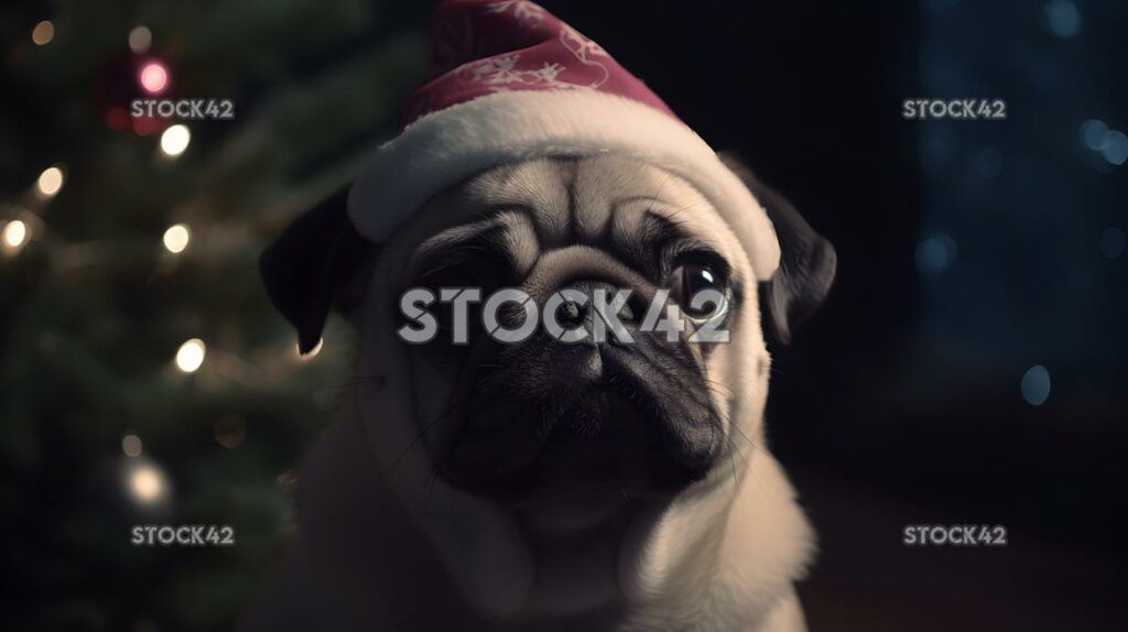 Un lindo pug con un sombrero de Santa Claus y sentado junto a un Chri