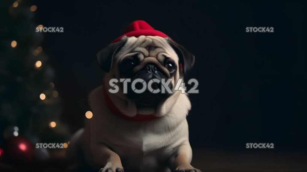 Un lindo pug con un sombrero de Santa y sentado junto a un Chri