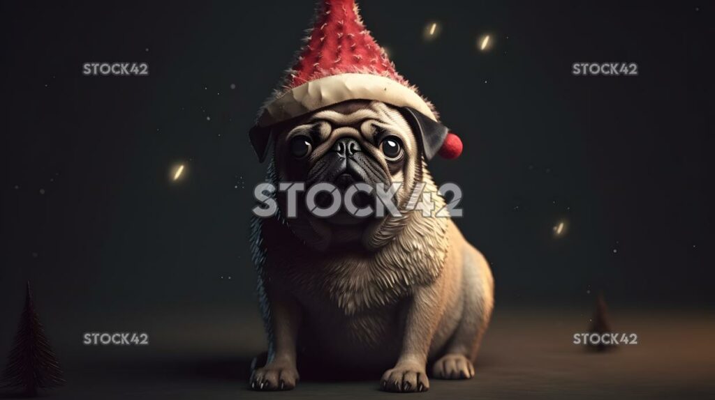 A cute pug wearing a Santa hat and sitting next to a Chri three