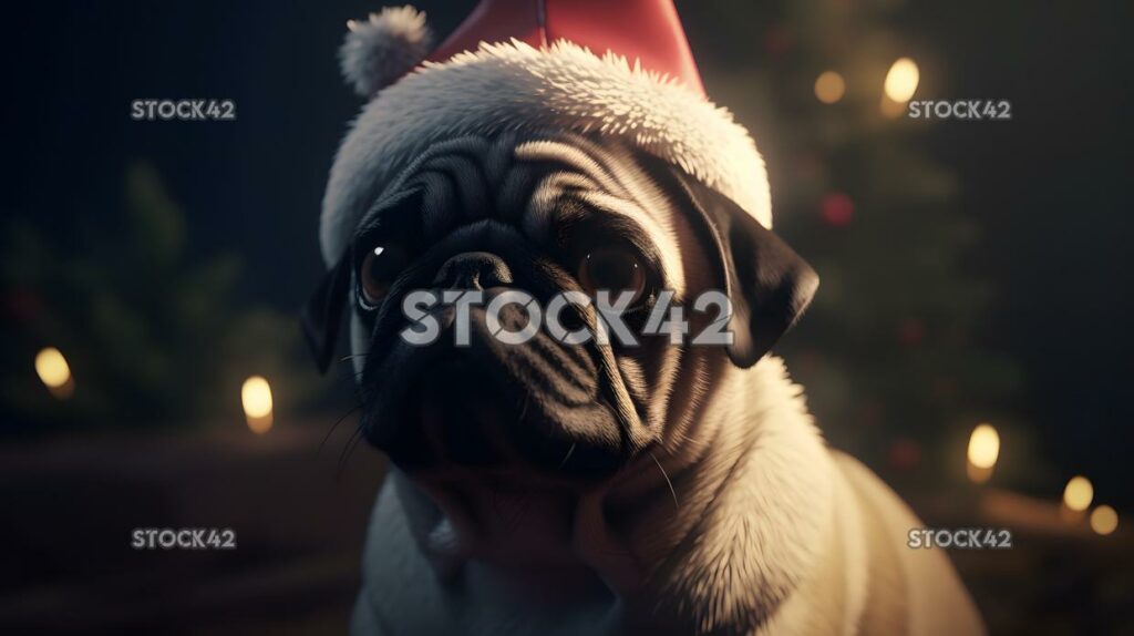 A cute pug wearing a Santa hat and sitting next to a Chri two