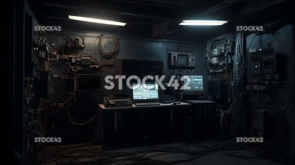 A dark room with multiple monitors and cables Hyper-reali