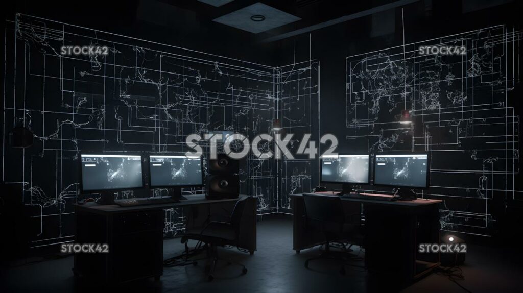 A dark room with multiple monitors and cables Hyper-reali one