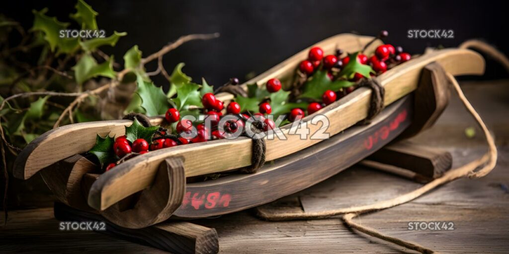 A decorative wooden sled with red and green ribbons and h