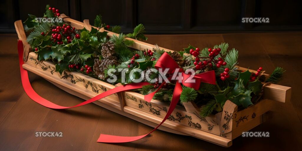 A decorative wooden sled with red and green ribbons and h one