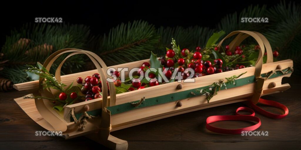 A decorative wooden sled with red and green ribbons and h three