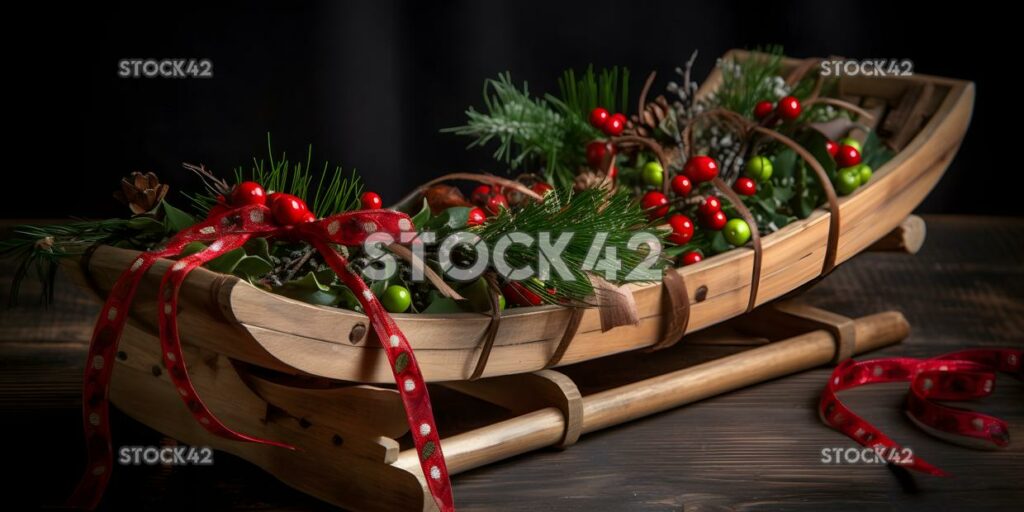 A decorative wooden sled with red and green ribbons and h two