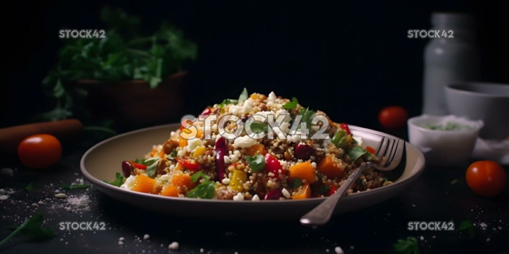 A delicious and healthy quinoa salad with roasted vegetab one