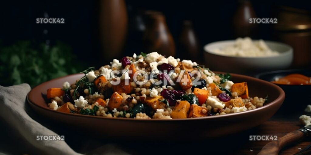 A delicious and healthy quinoa salad with roasted vegetab three