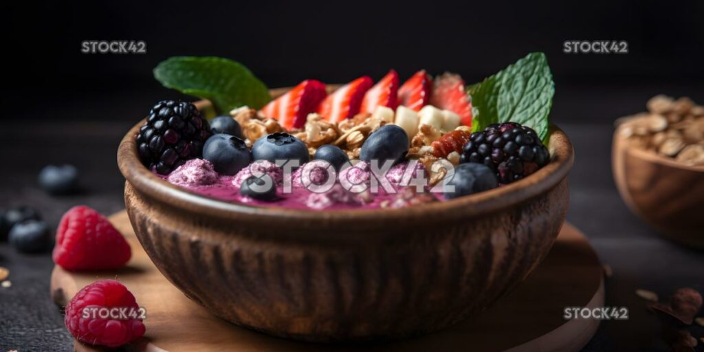 Un tazón de batido de aspecto delicioso con nueces de bayas frescas