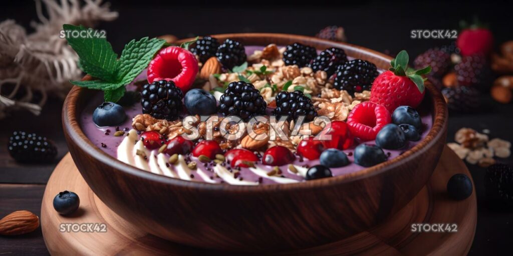 A delicious-looking smoothie bowl with fresh berries nuts one