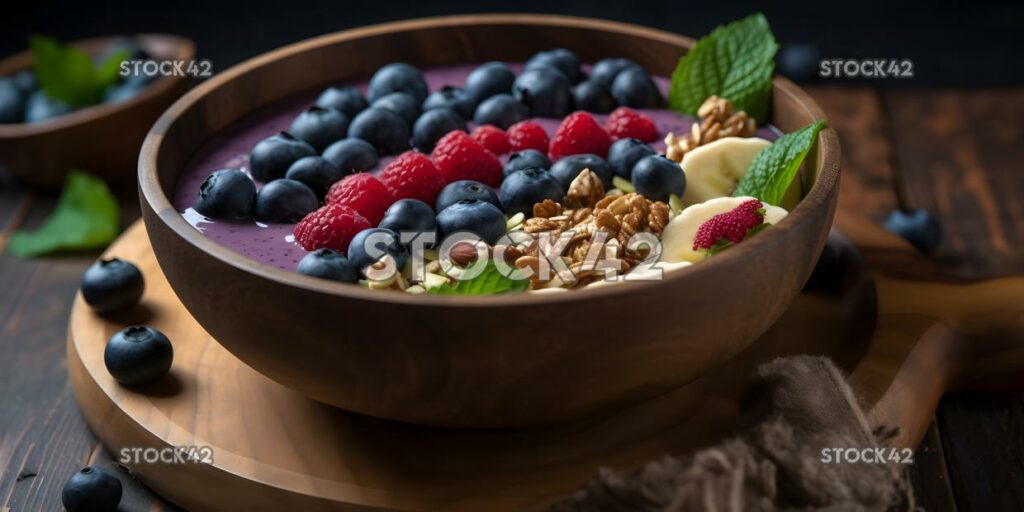 A delicious-looking smoothie bowl with fresh berries nuts three