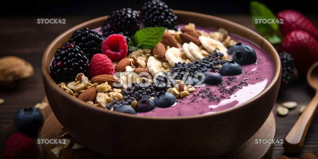 Eine lecker aussehende Smoothie-Bowl mit frischen Beeren und Nüssen