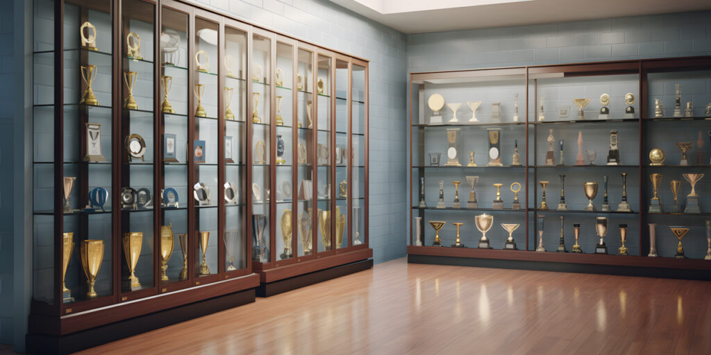 A display case filled with trophies and awards in a schoo