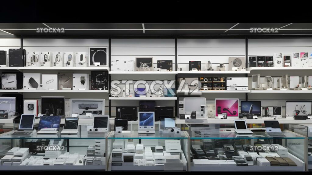 A display of various electronic gadgets and accessories i