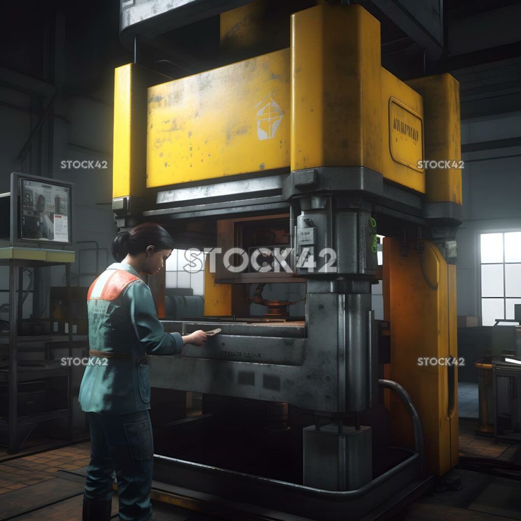 A factory worker operating a large hydraulic press Hyper-