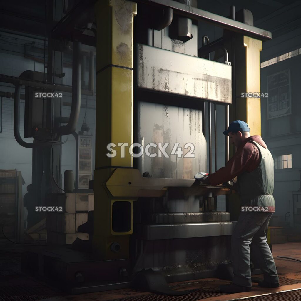 A factory worker operating a large hydraulic press Hyper- one