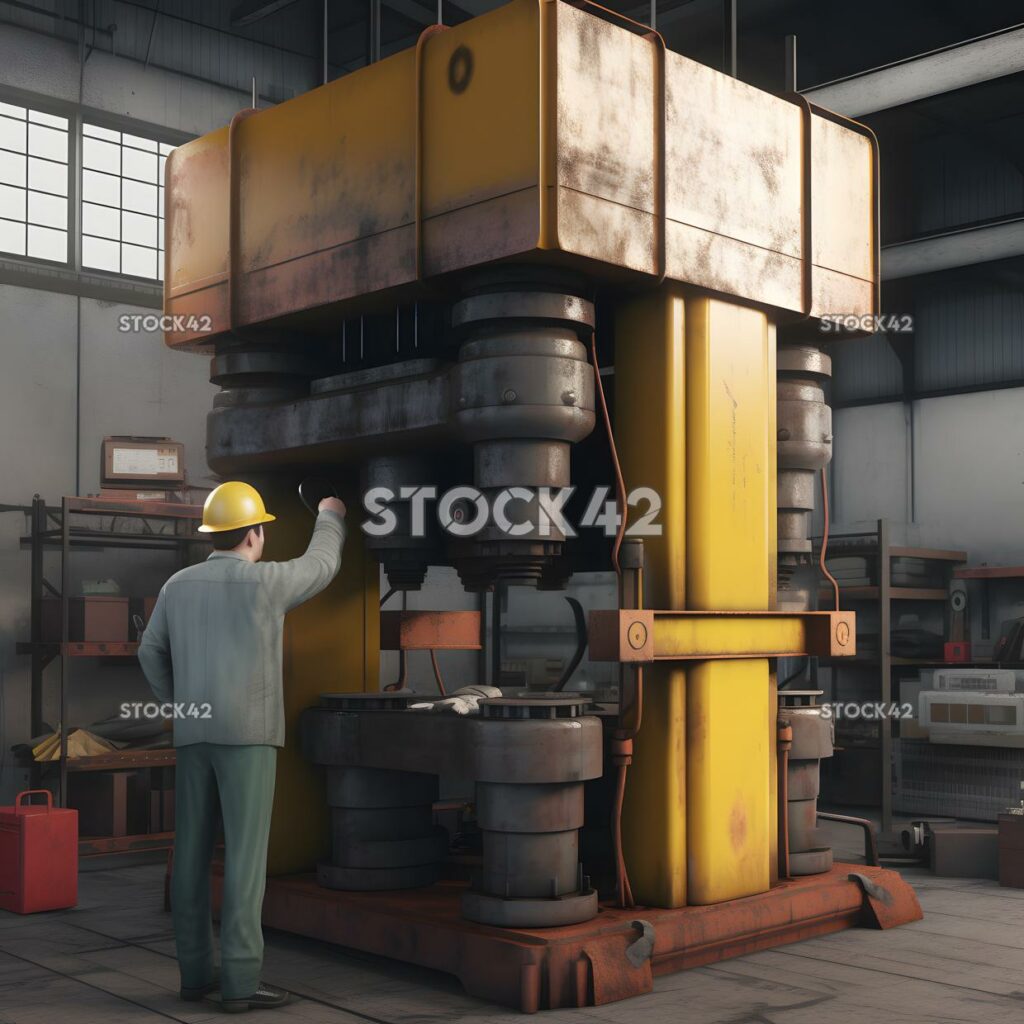 A factory worker operating a large hydraulic press Hyper- three