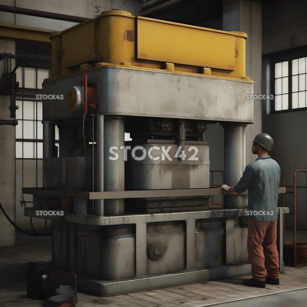 A factory worker operating a large hydraulic press Hyper- two