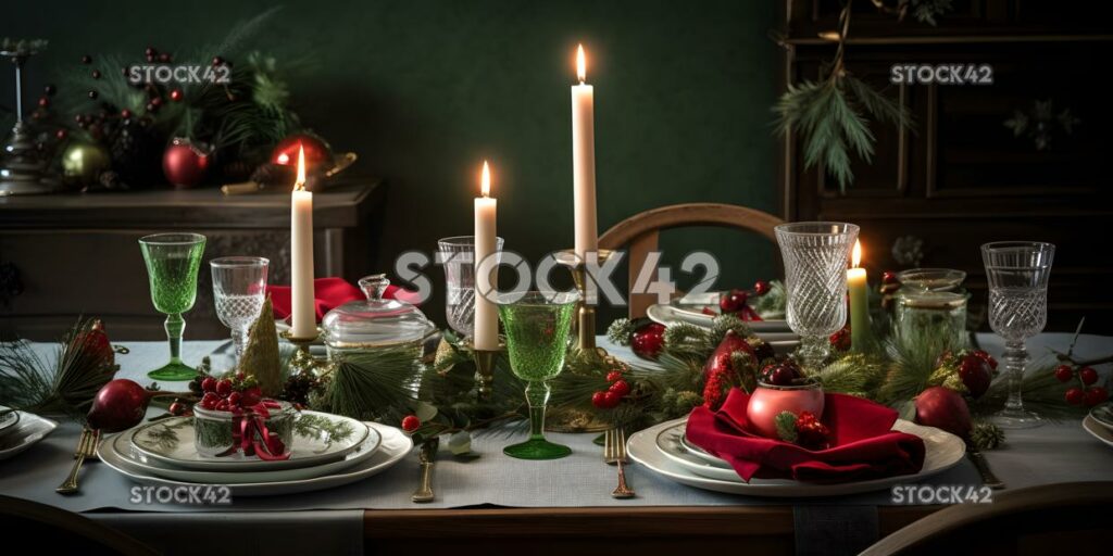 Una mesa festiva de temática navideña roja y verde con