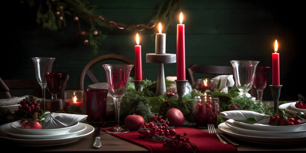 Una mesa festiva de temática navideña roja y verde con uno