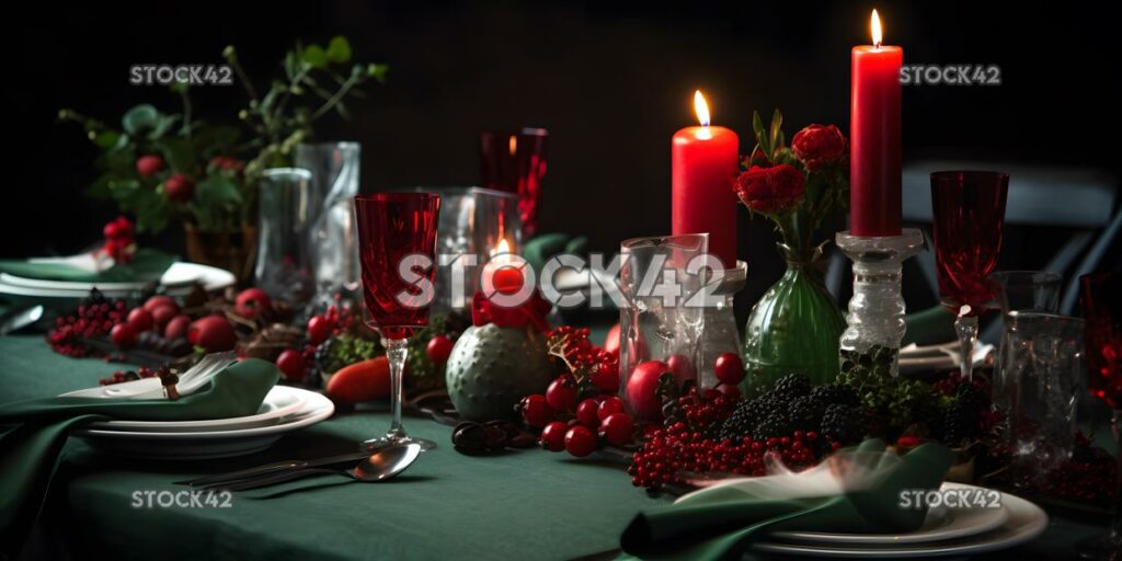 Una mesa festiva de temática navideña roja y verde con dos