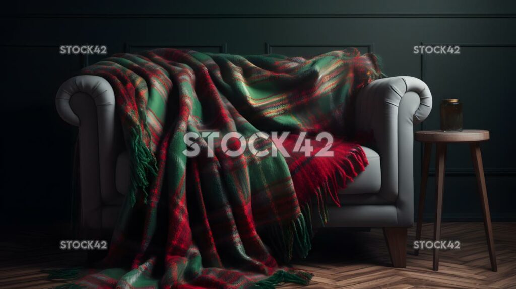 A festive red and green plaid blanket draped over a couch