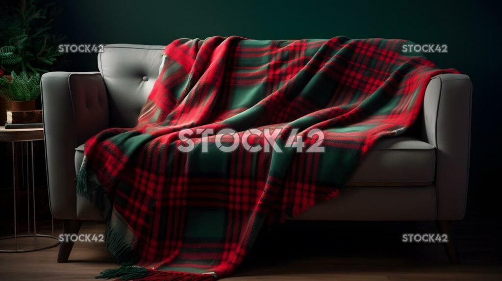 A festive red and green plaid blanket draped over a couch one