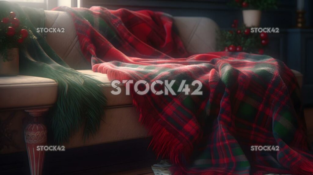 A festive red and green plaid blanket draped over a couch three