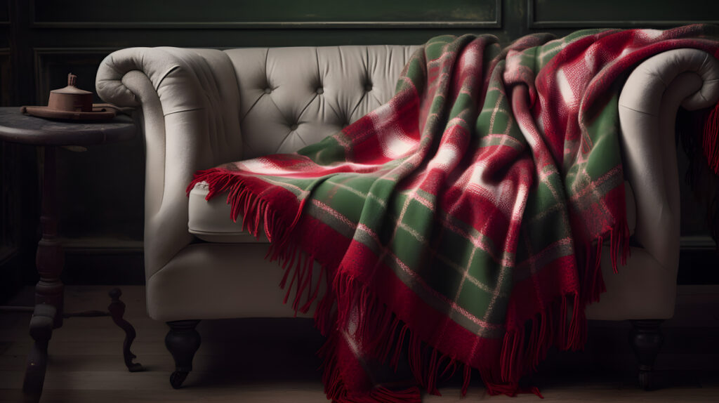 A festive red and green plaid blanket draped over a couch two