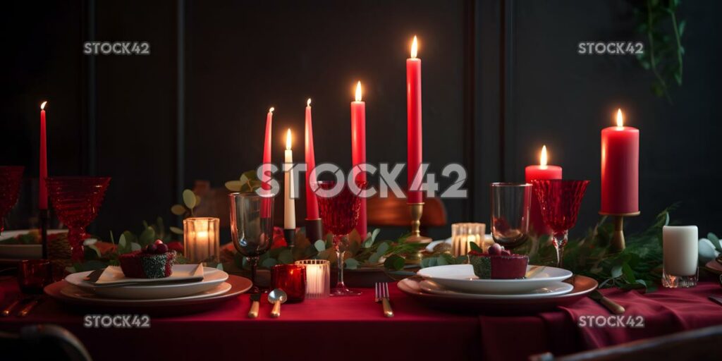 A festive red and green table setting with candles and gr