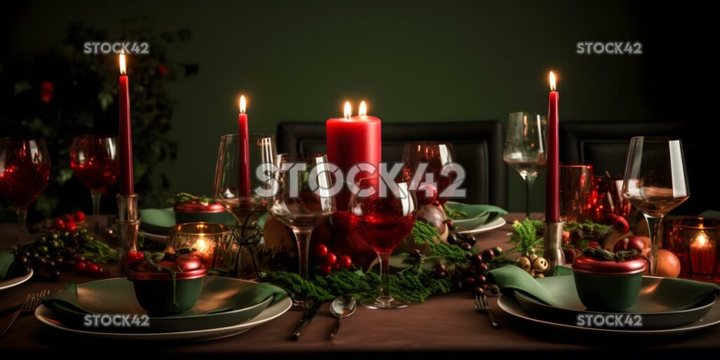 A festive red and green table setting with candles and gr one