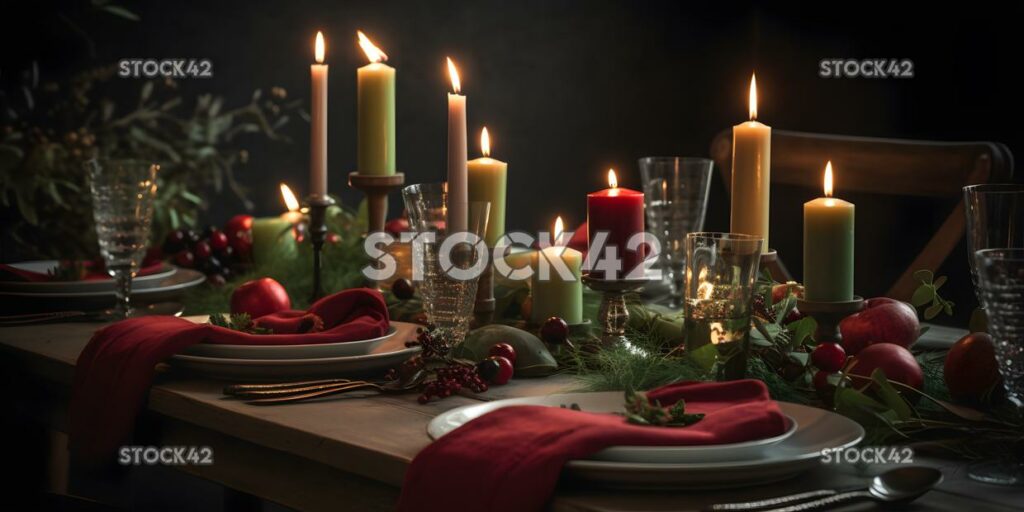 A festive red and green table setting with candles and gr three