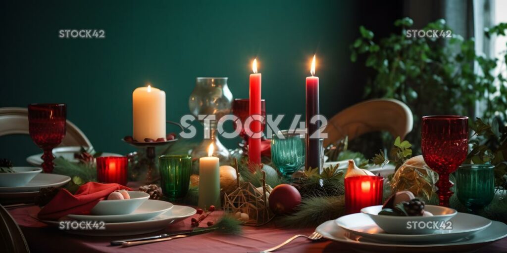 A festive red and green table setting with candles and gr two