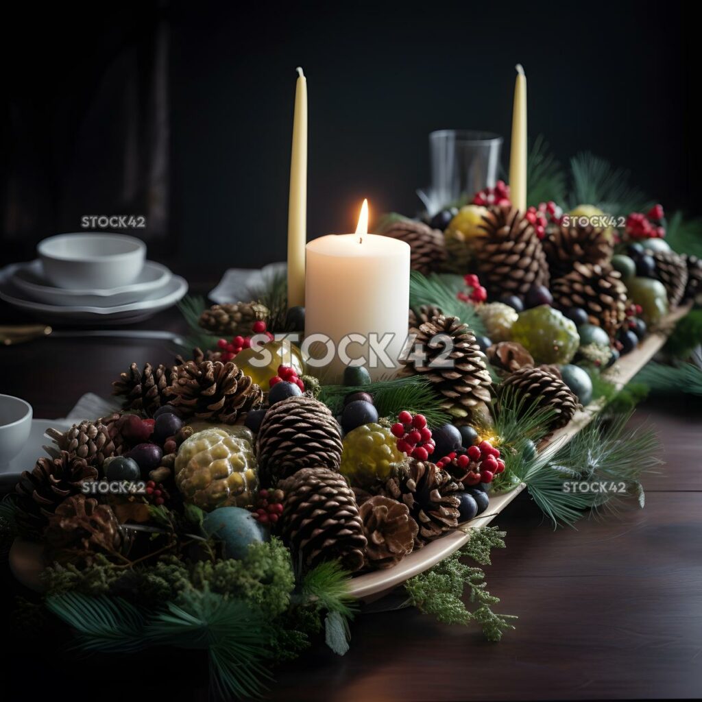 A festive table centerpiece made of pinecones and greener