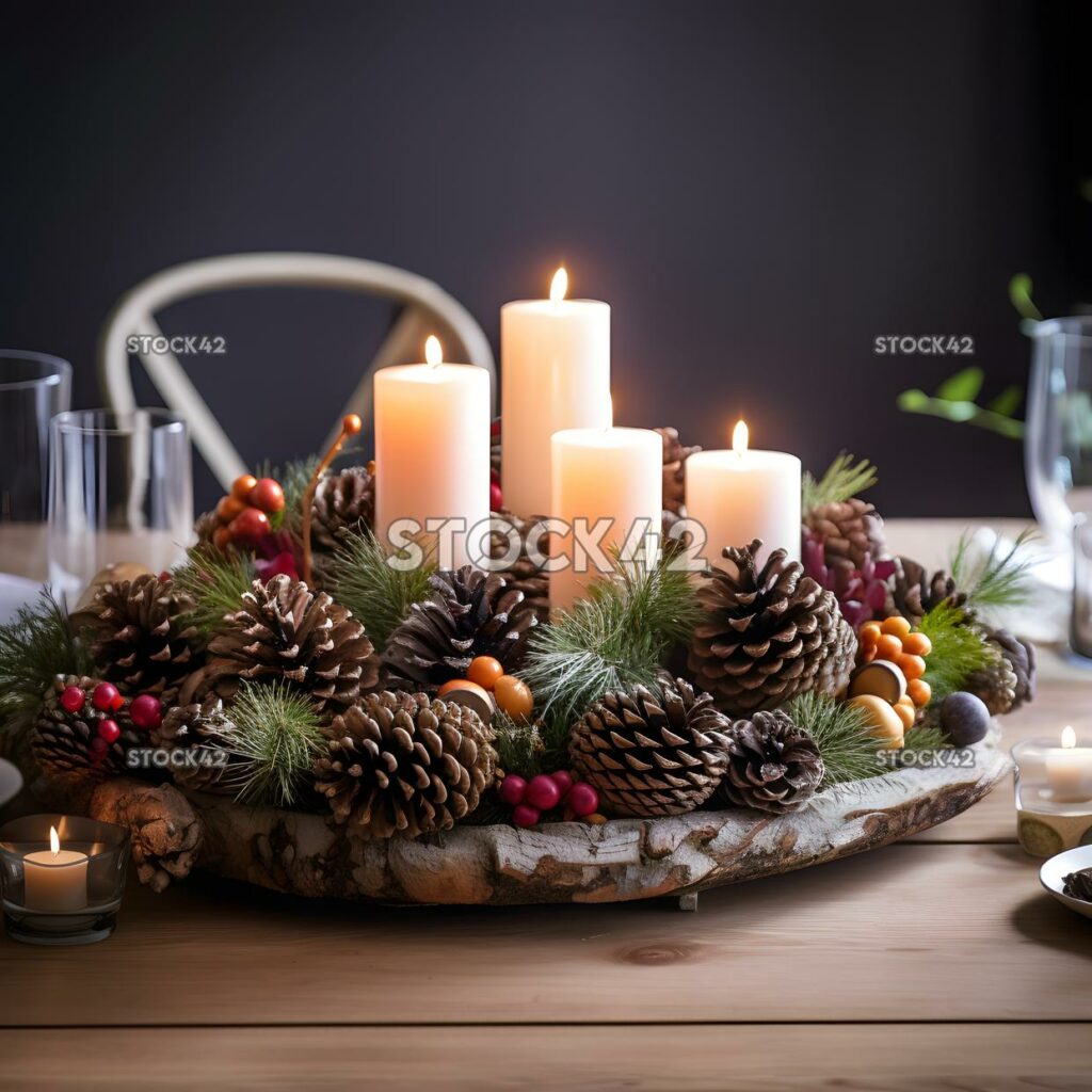 A festive table centerpiece made of pinecones and greener one